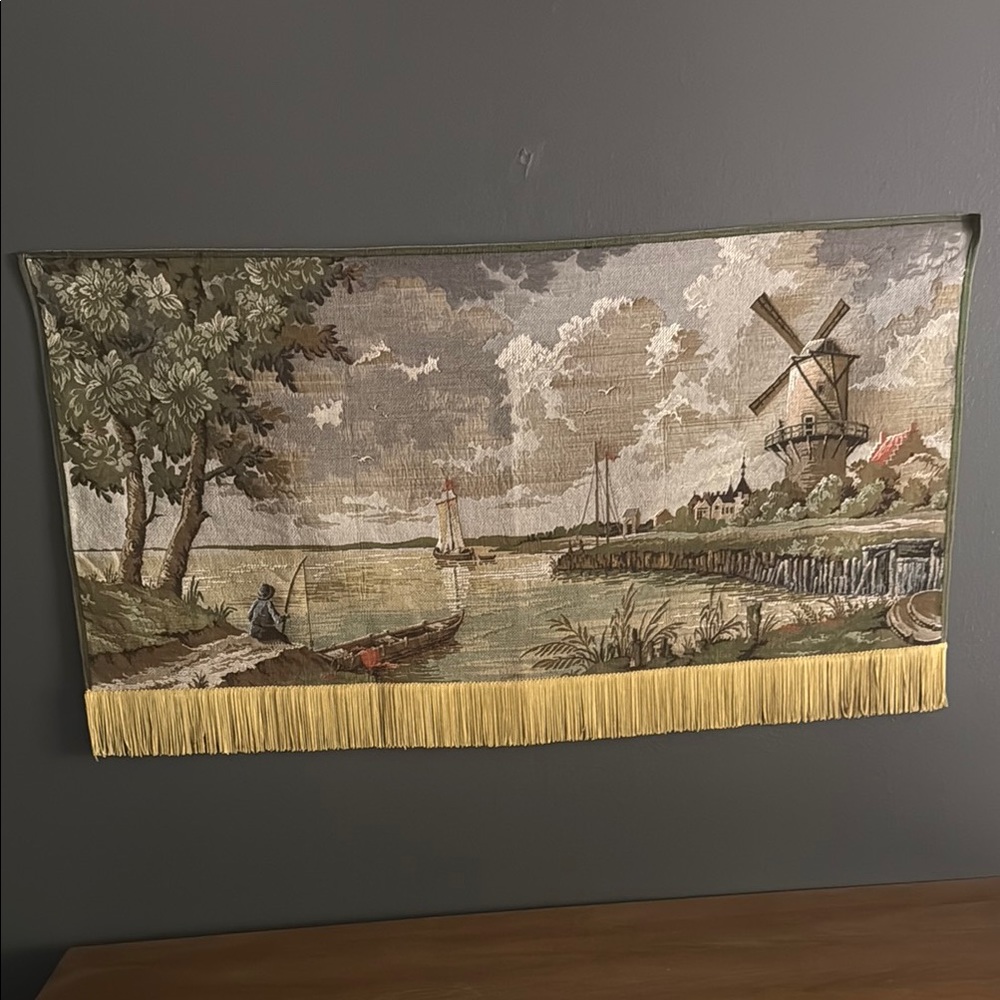 Vintage Scenic French Tapestry Wall Hanging with Fringe